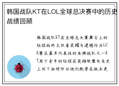 韩国战队KT在LOL全球总决赛中的历史战绩回顾